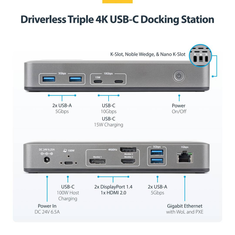 Startech 199ue-USBc-dock triple monitor 4k 60hz USB-c docking station 2x displayport HDMI 100w pd gbe driverless-null