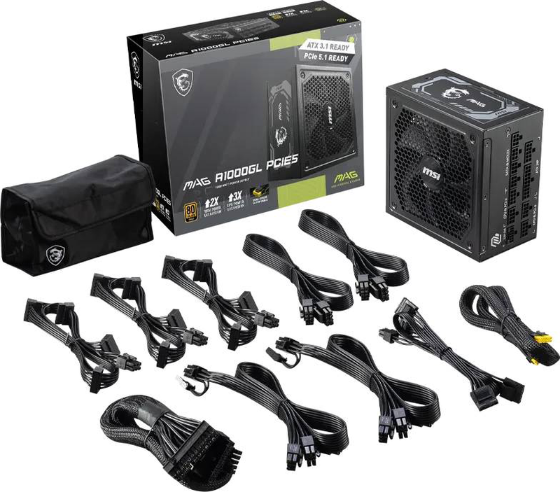 Msi mag a1000gl pcie5 1000w atx 3.1 psu 80+ gold cybenetics gold fully modular pcie 5.1 12v-2x6 black-null