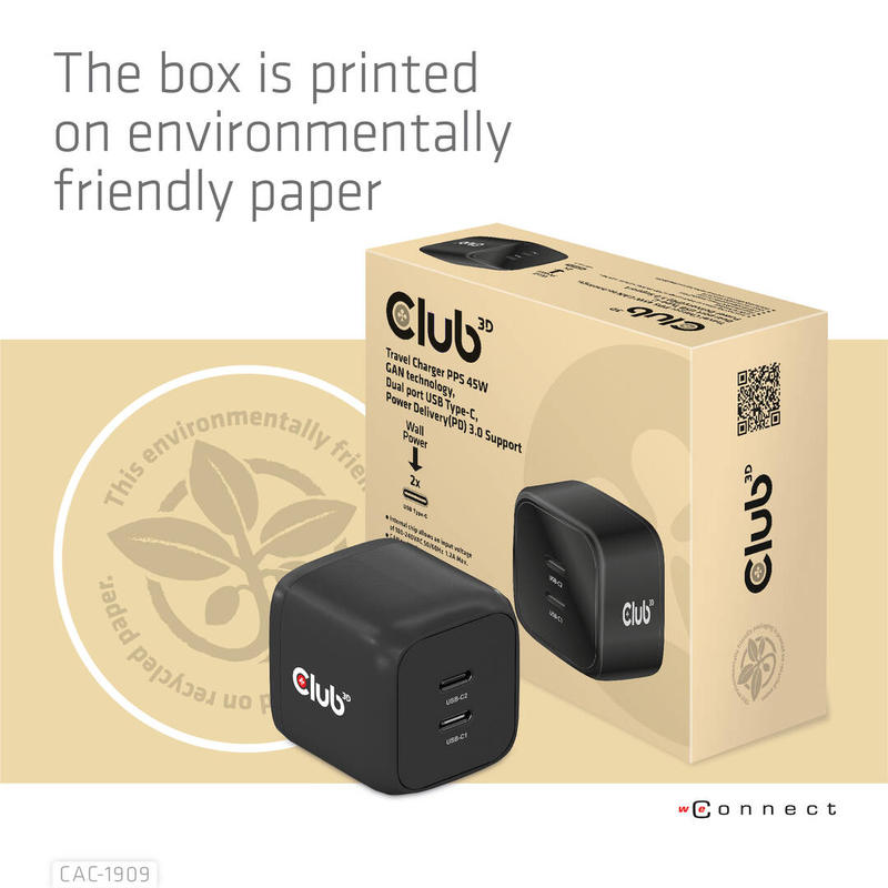 Club 3d cac-1909 / power adapter / pps and gan technology / 45 watt / 3 a / pd 3.0 / 2 output connectors (2 x USB-c) / on cable: USB-c / european union, , medium-null