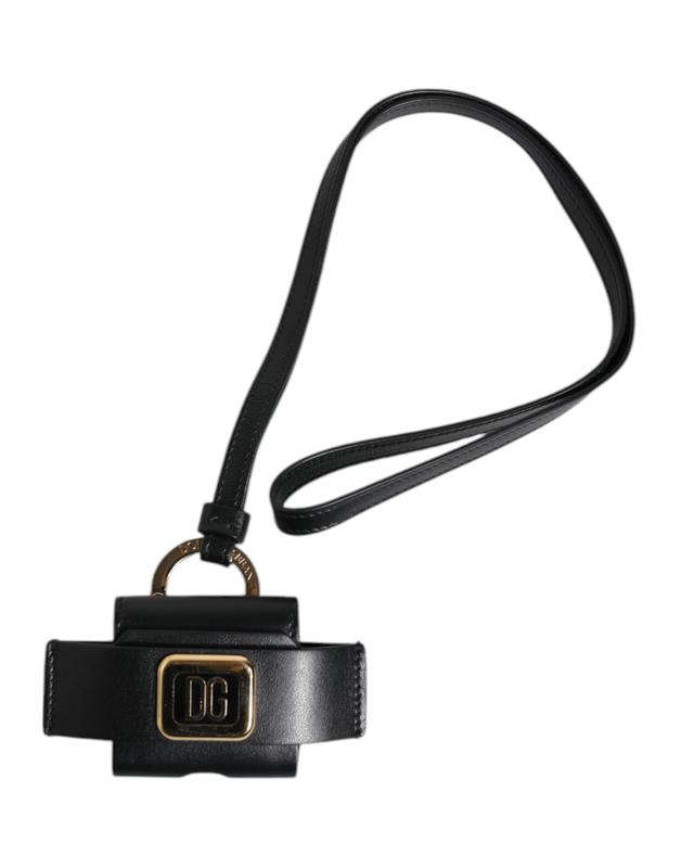 Black leather strap gold metal logo plaque AirPods case-null