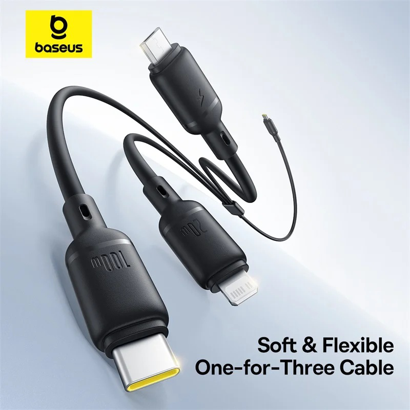 Baseus cable 3in1 USB-c/micro/light to USB-c silky one-for-three 100w 1.5m black, , medium-null