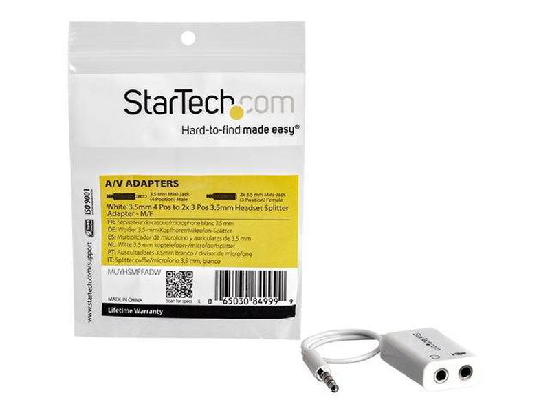 Startech.com 4 position microphone and headphone splitter 3.5 mm 4 pin / headset splitter / stereo mini jack female to 4-pole mini jack male / white, , medium-null