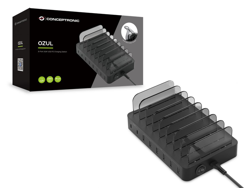 Conceptronic 8 port USB charging station 75watt 2x USB-c  5x USB-a quick charge, , medium-null