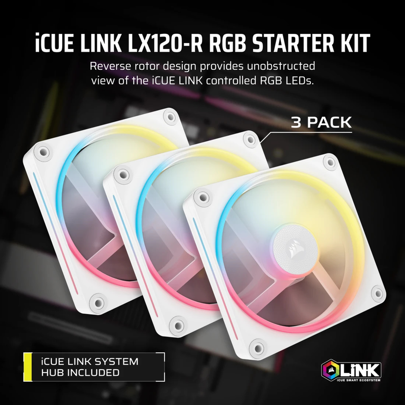 Corsair icue link lx120-r rgb 120mm pwm reverse 3x fans starter kit white (co-9051054-ww)-null