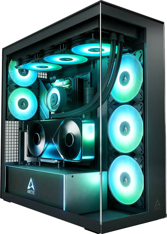 Arctic xtender vg premium e-atx pc case vertical GPU mount tempered glass 5 a-rgb fans USB-c black-null