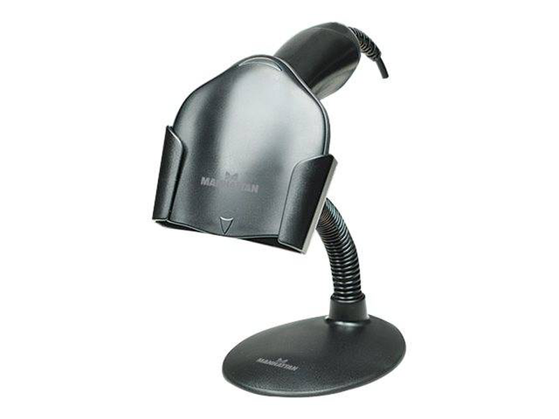 Manhattan handheld barcode scanner stand, gooseneck with base, suitable for table mount or wall mountable, black, lifetime warranty, box / bar code scanner stand / counter mountable, wall mountable / black, , medium-null
