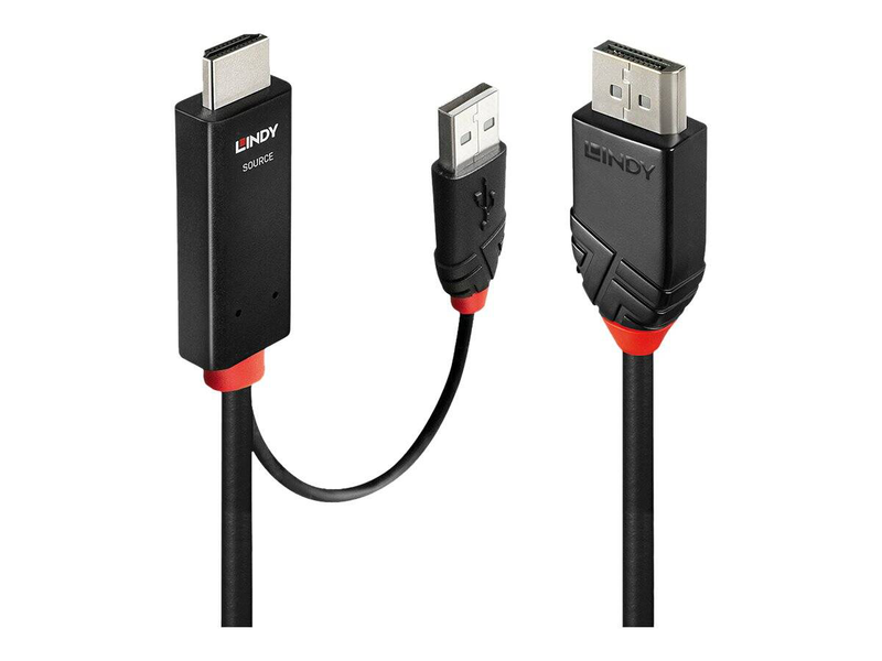 Lindy - adapter cable - HDMI, USB (power only) male to displayport male - 3 m - shielded - black - round, active, 4k60hz support-null