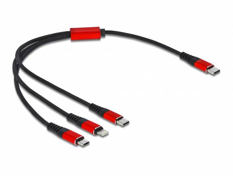 Delock 86710 3-in-1 USB charging cable USB-c to lightning micro USB USB-c 30 cm black red-null