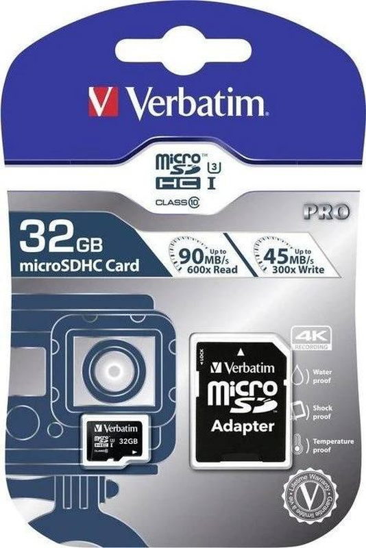 Verbatim pro 600x microsdhc 32GB uhs-i u3 v30 class 10 memory card with sd adapter 90mb/s 4k 47041-null