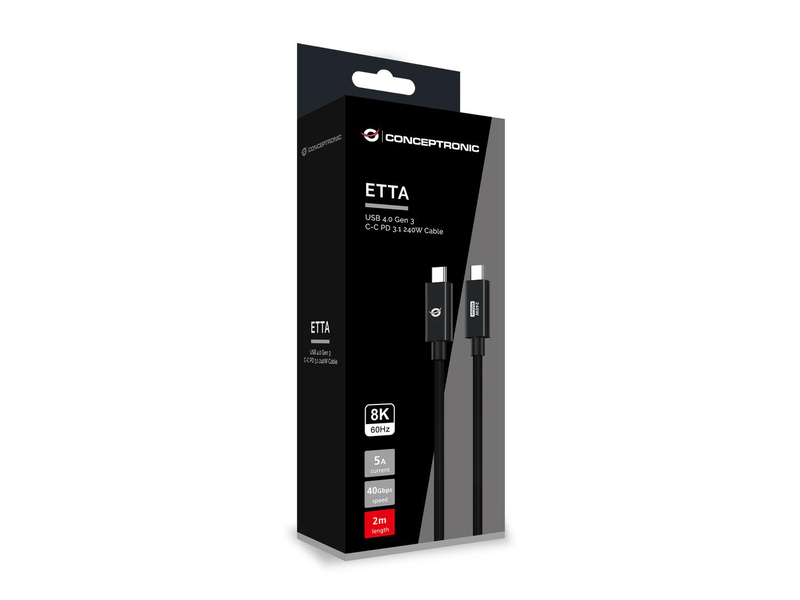 Conceptronic etta04b20 USB 4.0 Gen 3 c-c pd 3.1 240w cable 2m, 48v 5a, 40GBps, e-mark, 2 m, USB c, USB c, USB4 Gen 3x2, 40GBit/s, black-null