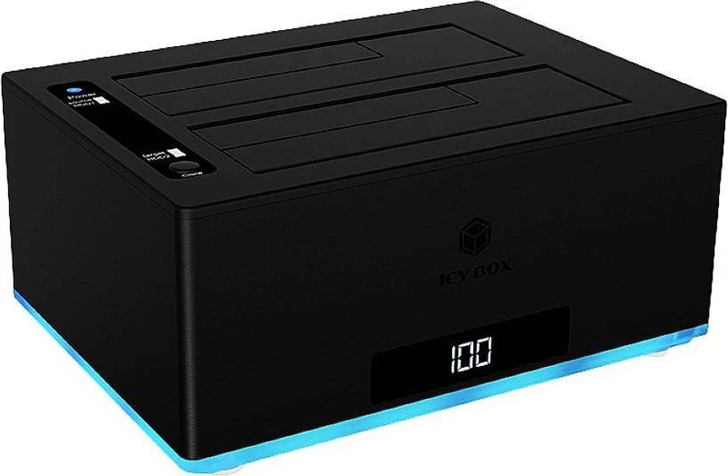 Icy box ib-127cl-u3 dual bay USB-c and USB-a docking clone station for 2.5 3.5 inch sata HDD SSD with rgb, , medium-null