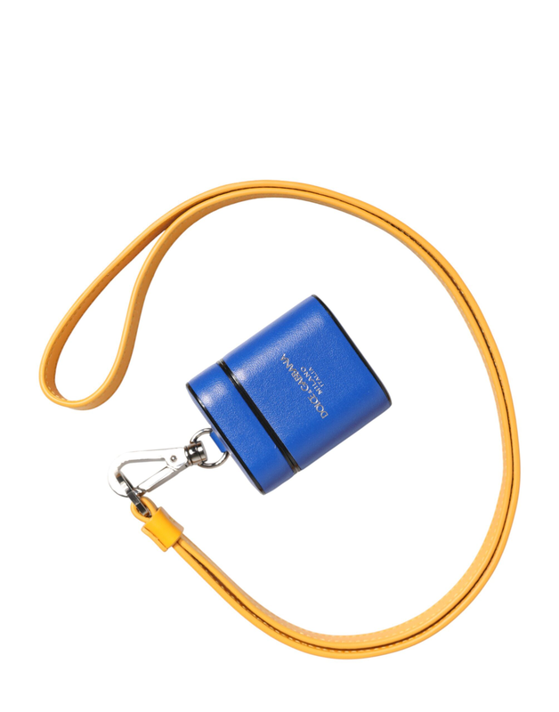 Blue yellow calfskin leather logo strap men AirPods case-null