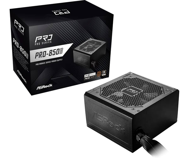 Asrock pro-850b 850w atx 3.1 psu 80+ bronze non-modular native 12v-2x6 pcie 5.1 120mm fan black-null