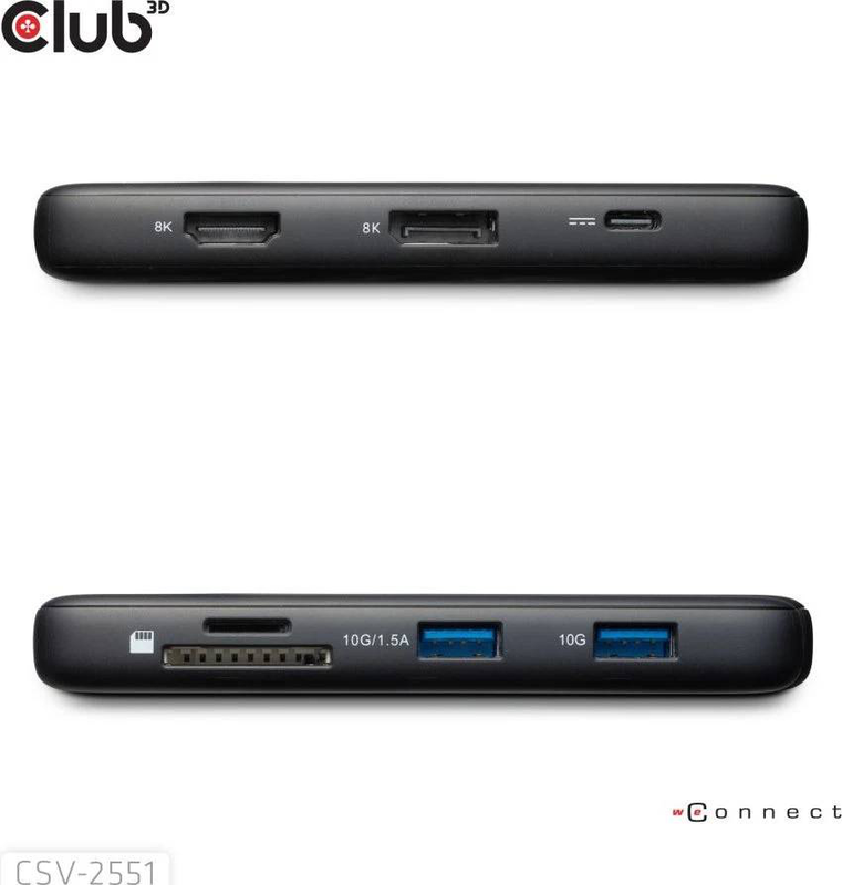 Club3d csv-2551 USB-c 8-in-1 portable dock HDMI 2.1 displayport 1.4 8k30 4k144 gigabit ethernet 100w pd black-null