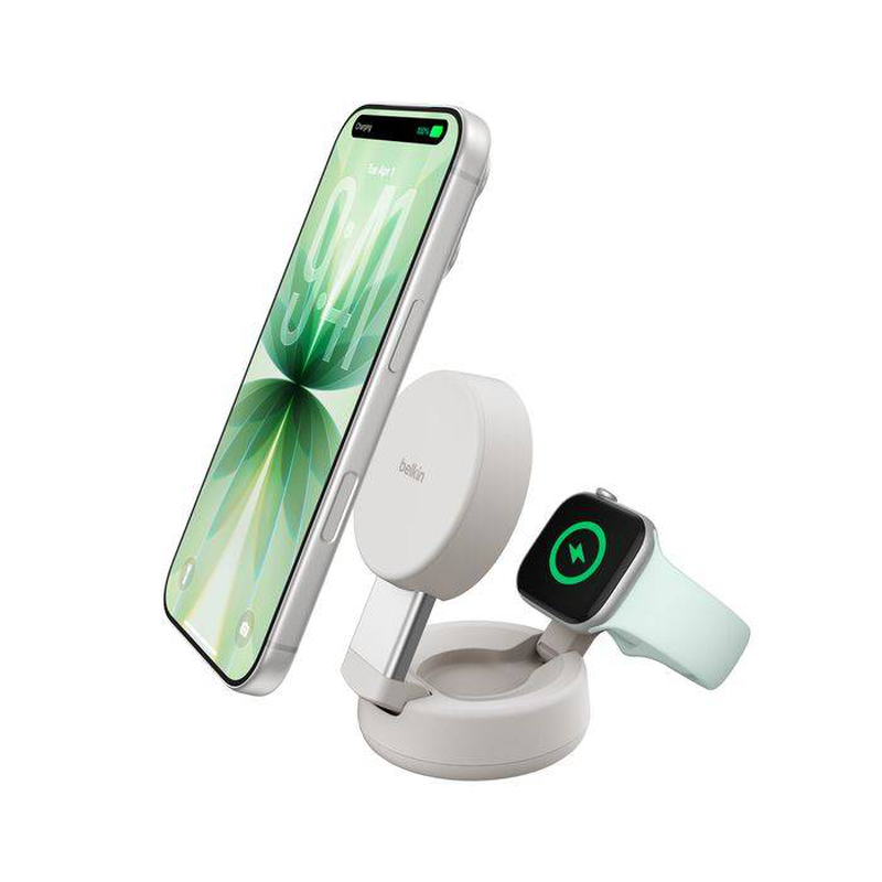 Belkin ultracharge pro 2-in-1 convertible magnetic wireless charger qi2 25w MagSafe compatible sand with 45w USB-c power adapter-null