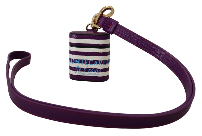 Purple leather strap gold metal logo AirPods case-null