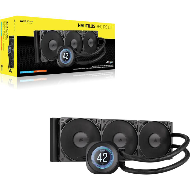 Corsair nautilus 360 rs lcd aio liquid CPU cooler 360mm 3x120mm rs120 fans 2.1in 480x480 ips lcd intel AMD black-null