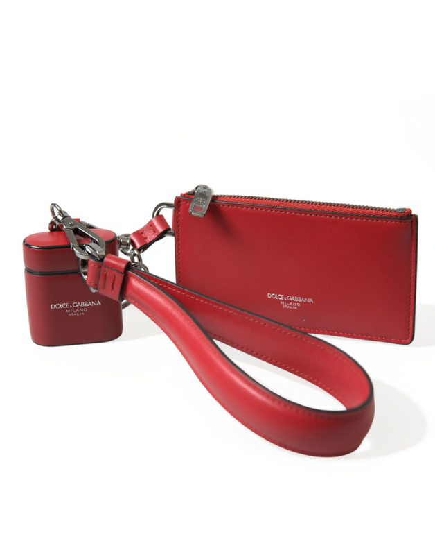 Red leather silver metal logo strap pouch AirPods case-null