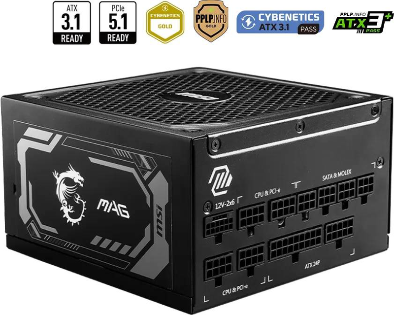 Msi mag a1000gl pcie5 1000w atx 3.1 psu 80+ gold cybenetics gold fully modular pcie 5.1 12v-2x6 black-null