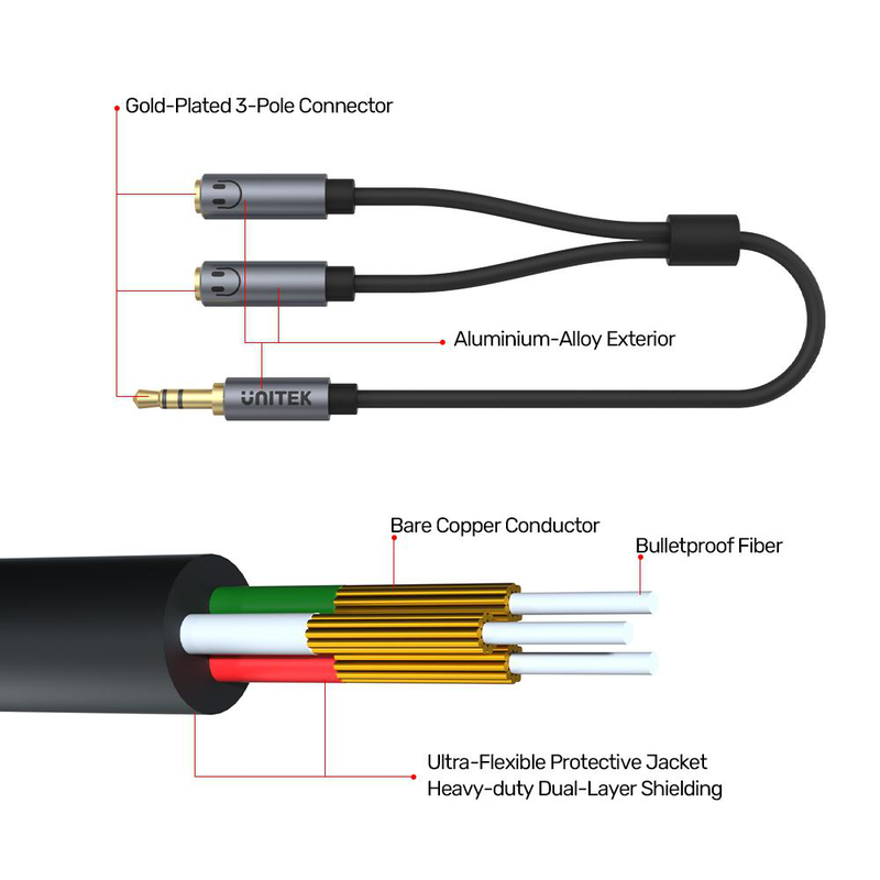 Unitek y-c956abk 3.5mm headphone splitter cable 0.2m, , medium-null