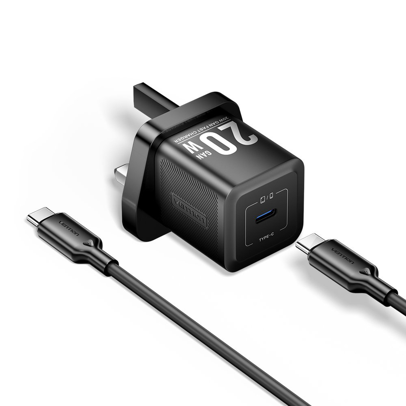 Vention charger wall gan 20w 1xUSBc uk + USB-c 1m cable black fepb0-uk-01, , medium-null