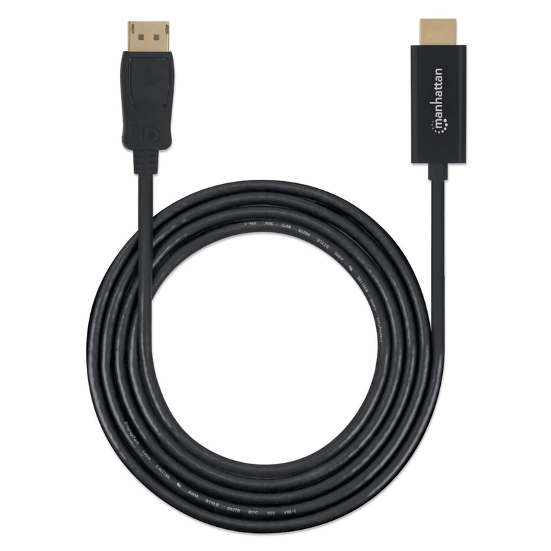 Manhattan displayport 1.1 to HDMI cable, 1080p@60hz, 1m, male to male, dp with latch, black, not bi-directional, three year warranty, polybag - adapter cable - displayport male latched to HDMI male - 1 m - black - molded, 1080p support-null