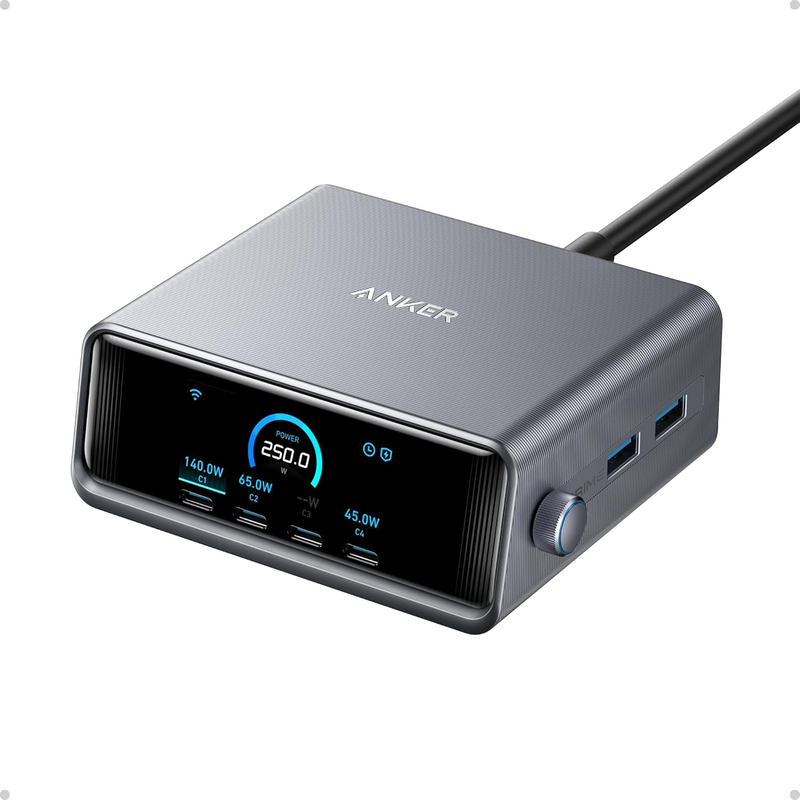Anker prime 250w USB c charger, ultra-fast 6-port gan charging station, 2.26 lcd display and smart control dial black, , medium-null