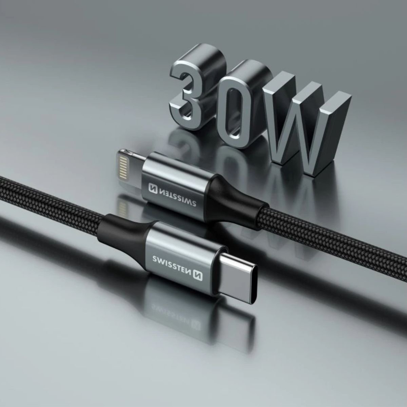Swissten braided &kappa;&alpha;&lambda;ώ&delta;&iota;&omicron; USB-c &sigma;&epsilon; lightning 3a (έ&omega;&sigmaf; 30w) &mu;&epsilon; aluminum shell 1.5m 71529203 &mu;&alpha;ύ&rho;&omicron;, , medium-null