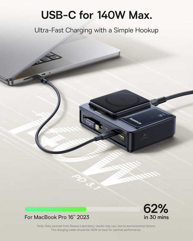 Baseus charger desktop 140w qi2 3c+u nomos 5-in-1 wireless+retractable+display uk, , medium-null