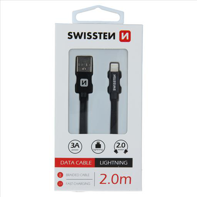 Swissten braided USB lightning 2m 3a blk
