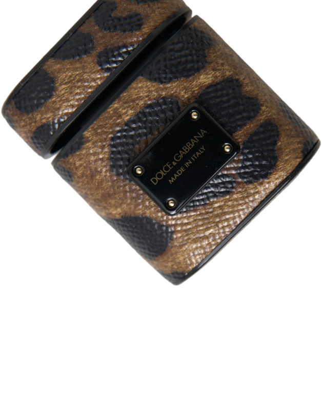 Brown leopard calf leather metal logo plaque AirPods case-null