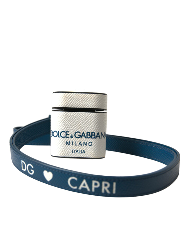 White blue calf leather logo print strap AirPods case-null