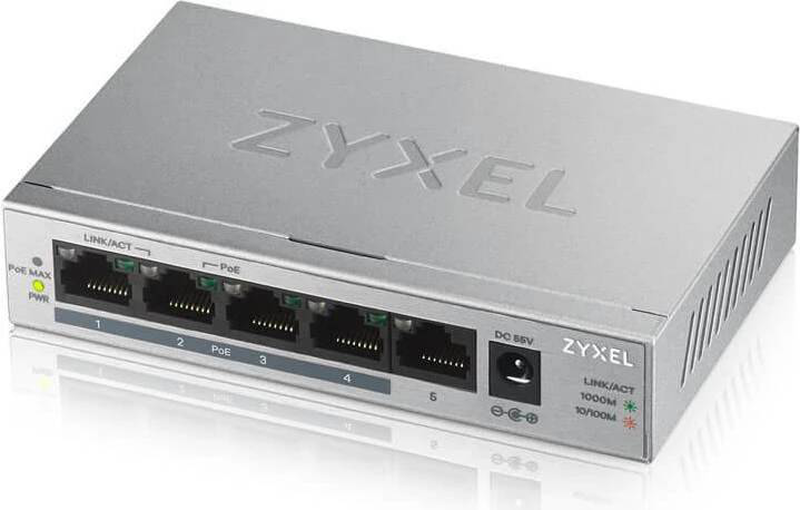 Zyxel gs1005hp 5-port gigabit unmanaged poe+ switch, 4 poe+ ports, 60w budget, fanless-null
