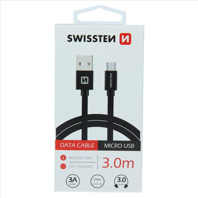 Swissten braided micro USB 3m 3a blk