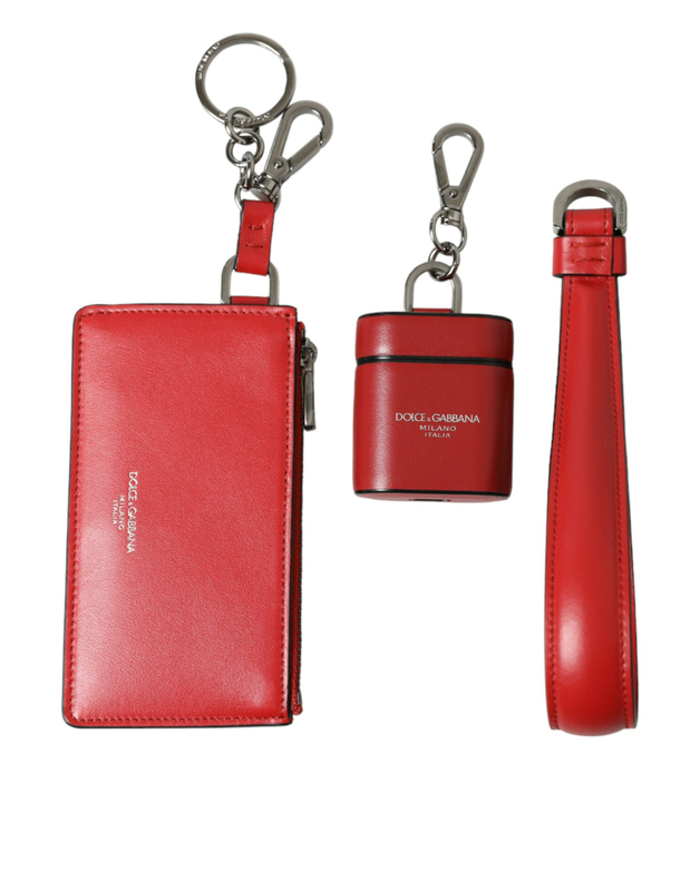 Red leather silver metal logo strap pouch AirPods case-null