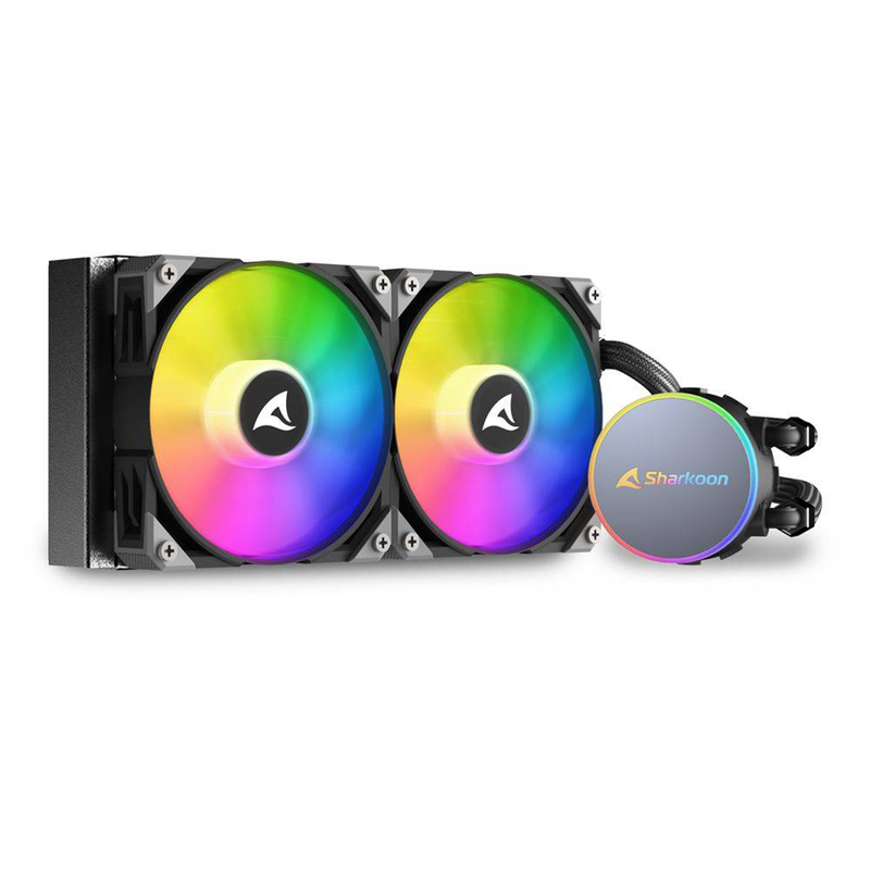 Sharkoon s70 rgb black 240mm aio liquid CPU cooler dual 120mm addressable rgb fans copper base-null