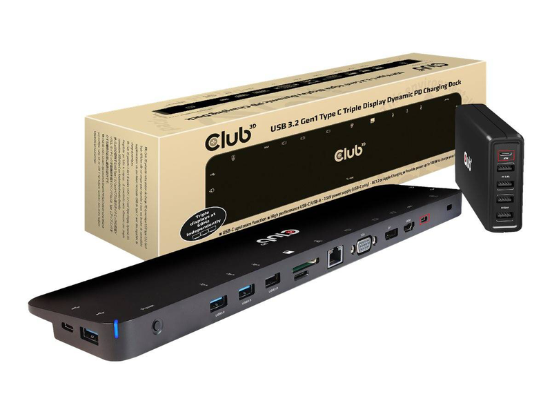 Club 3d csv-1564w100 USB-c triple display docking station vga HDMI displayport gigabit ethernet 100w pd charging black-null