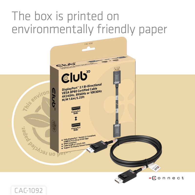 Club 3d displayport 2.1 bi-directional vesa dp80 certified cable 4k240hz 8k60hz or 10k60hz / cable / digital/display/video / 1.6 m, , medium-null