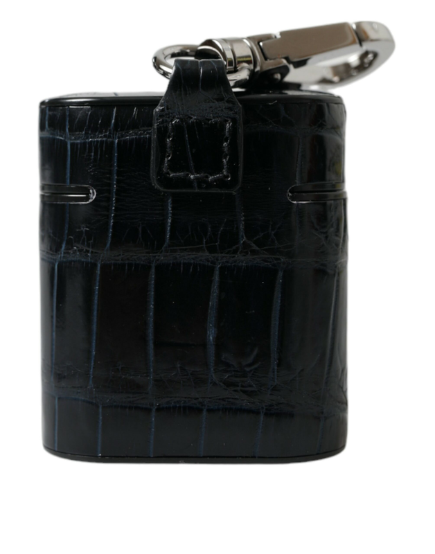 Black crocodile leather silver metal logo AirPods case-null