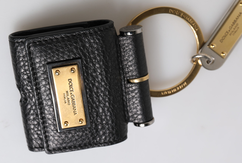 Black leather strap gold metal logo plaque AirPods case-null