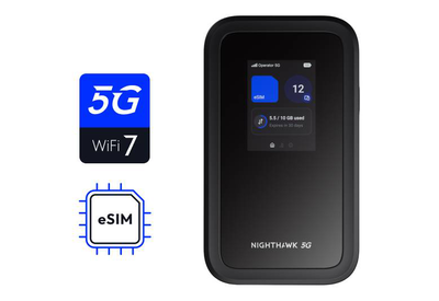 Netgear nighthawk m7 mh7150 5G Wi-Fi 7 mobile hotspot router esim 4GBps 2.4in touch 3850mAh 32 devices black, Black, medium