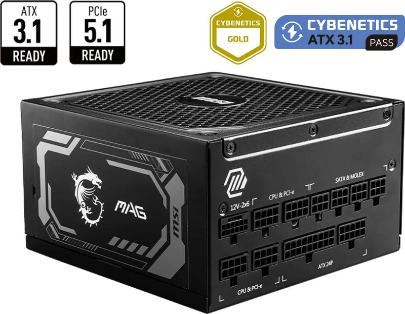 Msi mag a1250gl pcie5 1250w atx 3.1 psu 80 plus gold fully modular native 12v-2x6 135mm fdb black-null