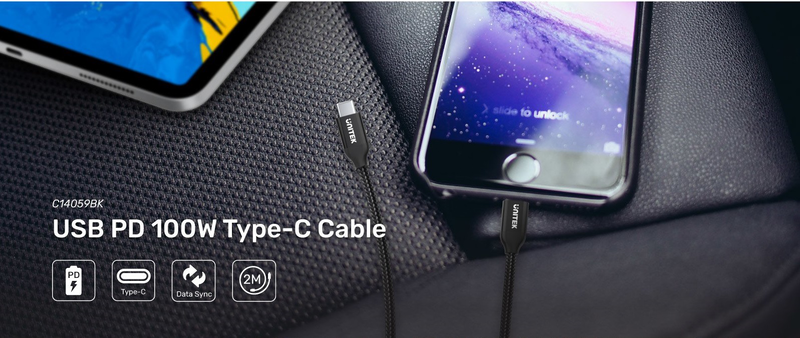 Unitek c14059bk braided Type-C to Type-C cable pd 100w 2.0m, , medium-null