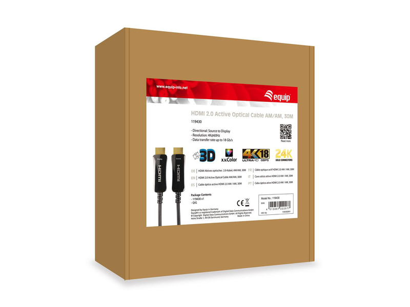 Equip life - high speed - HDMI cable with ethernet - HDMI male to HDMI male - 30 m - 4k support, active optical cable (aoc), , medium-null
