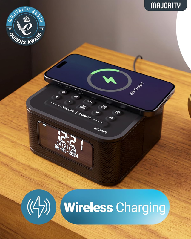 Majority radio bedside alarm clock,w/less charg,bt,fm,lcd w/temp darwin, , medium-null