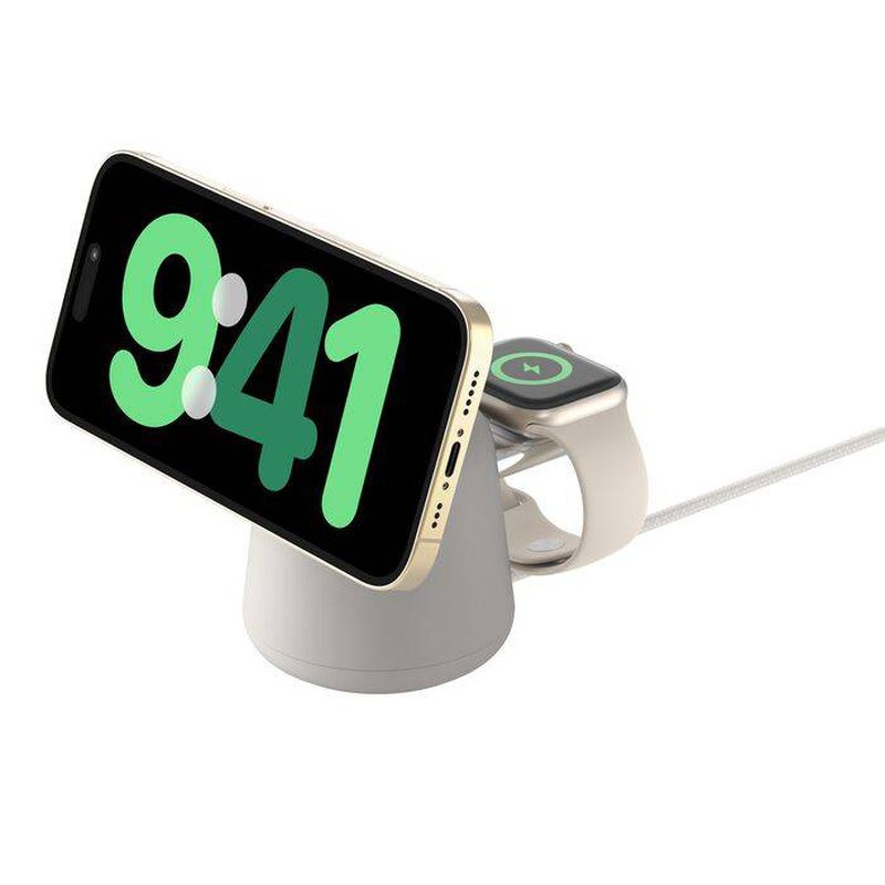Belkin boostcharge pro 2-in-1 magnetic wireless charging dock qi2 15w MagSafe compatible sand with 30w USB-c power adapter-null