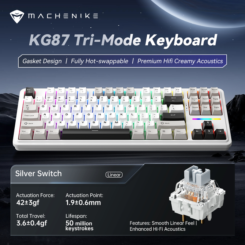 Machenike wireless gaming keyboard ,wired,bluetooth,2.4G, linear silver switches,4000mAh battery, kg87, , medium-null