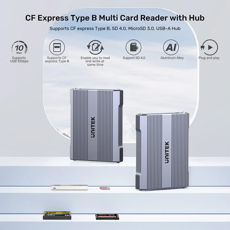 Unitek r1022 dual read/write card reader USB-c to sd4.0+micro sd3.0+cf express 2.0, , medium-null