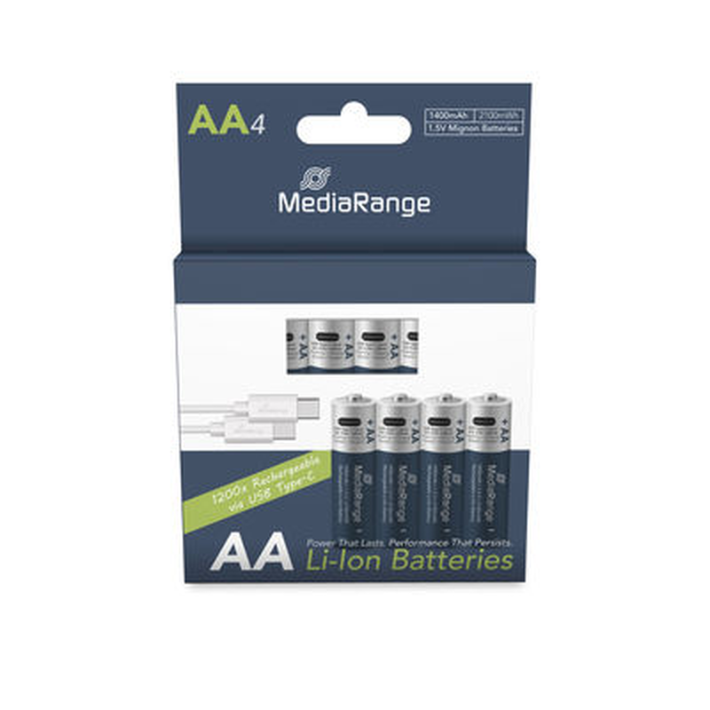 Mediarange rechargeable USB-c li-ion batteries, mignon aa i 1.5v i 1.400mAh, 4-pack, , medium-null