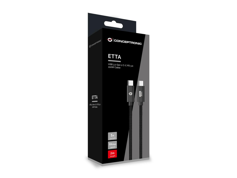 Conceptronic etta02b20 USB 3.2 Gen 2 c-c pd 3.0 100w cable 2m, 20v 5a, 10GBps, e-mark, 2 m, USB c, USB c, USB 3.2 Gen 2 (3.1 Gen 2), 20GBit/s, black-null